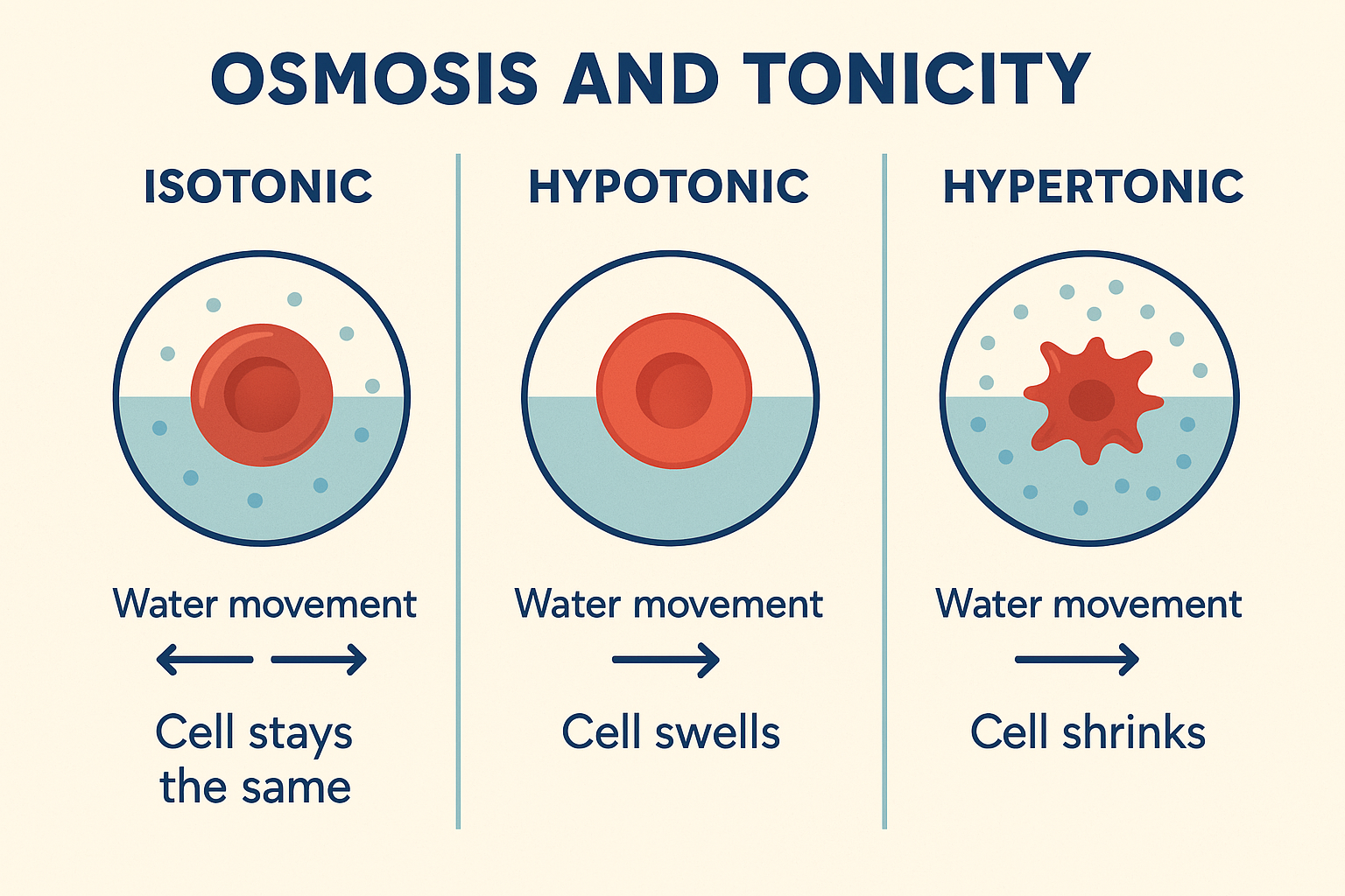 <p><strong><mark>a fluid that has the same solute concentration and osmotic pressure as a cell's cytoplasm, resulting in no net movement of water across the membrane</mark></strong></p><p><span><span>Cells in an isotonic environment maintain their shape and volume, as water enters and exits at equal rates. </span></span></p>