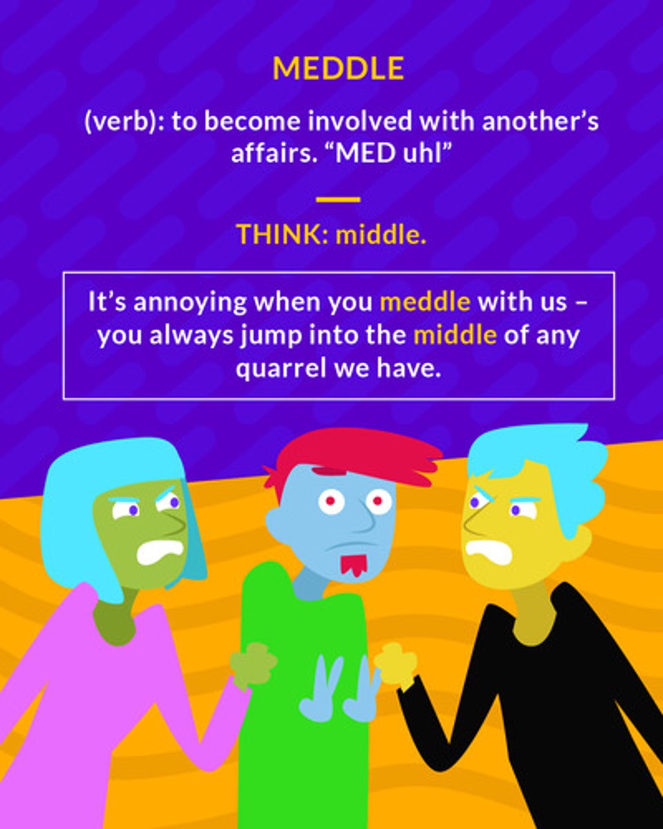 <p>to involve oneself in other people's affairs without being asked</p><p>(verb) to become involved with another’s affairs</p>