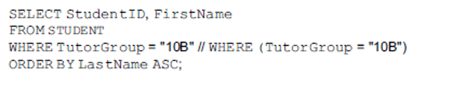 <p>SQL script to display the StudentID and FirstName of all students who are in the tutor group 10B. Display the list in alphabetical order of LastName.</p>