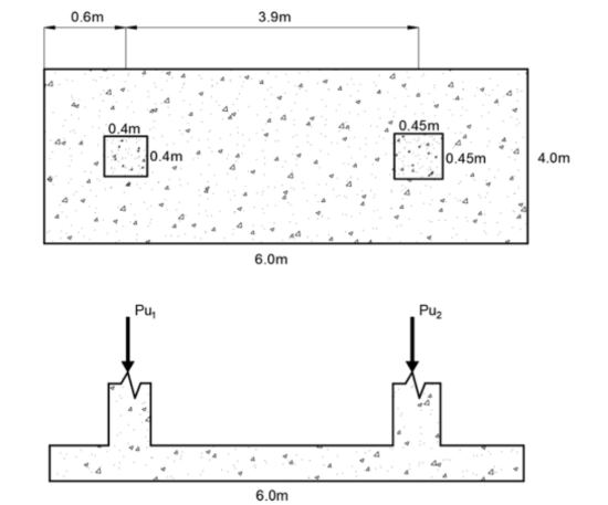 <p>SITUATION. A combined footing as shown carries ultimate column loads:</p><p>Pu1 = 928 kN</p><p>Pu2 = 1484 kN</p><p>Dimension = 6m x 4m</p><p>Distance between columns = 3.9m</p><p>Effective depth of footing = 500mm</p><p>Reduction factor for shear, Ø = 0.75</p><p>Reduction factor for moment, Ø = 0.90</p><p>fc’= 27.7 MPa</p><p>fy = 413 MPa</p><p></p><p>Determine the maximum punching shear stress (MPa).</p><p>A. 1.96</p><p>B. 0.77</p><p>C. 0.98</p><p>D. 1.74</p><p>Determine the wide beam shear stress (MPa).</p><p>A. 0.39</p><p>B. 1.73</p><p>C. 0.41</p><p>D. 0.87</p><p>Determine the number of 20mm Ø bars parallel to the longer side at the right overhang.</p><p>A. 12</p><p>B. 10</p><p>C. 20</p><p>D. 22</p>