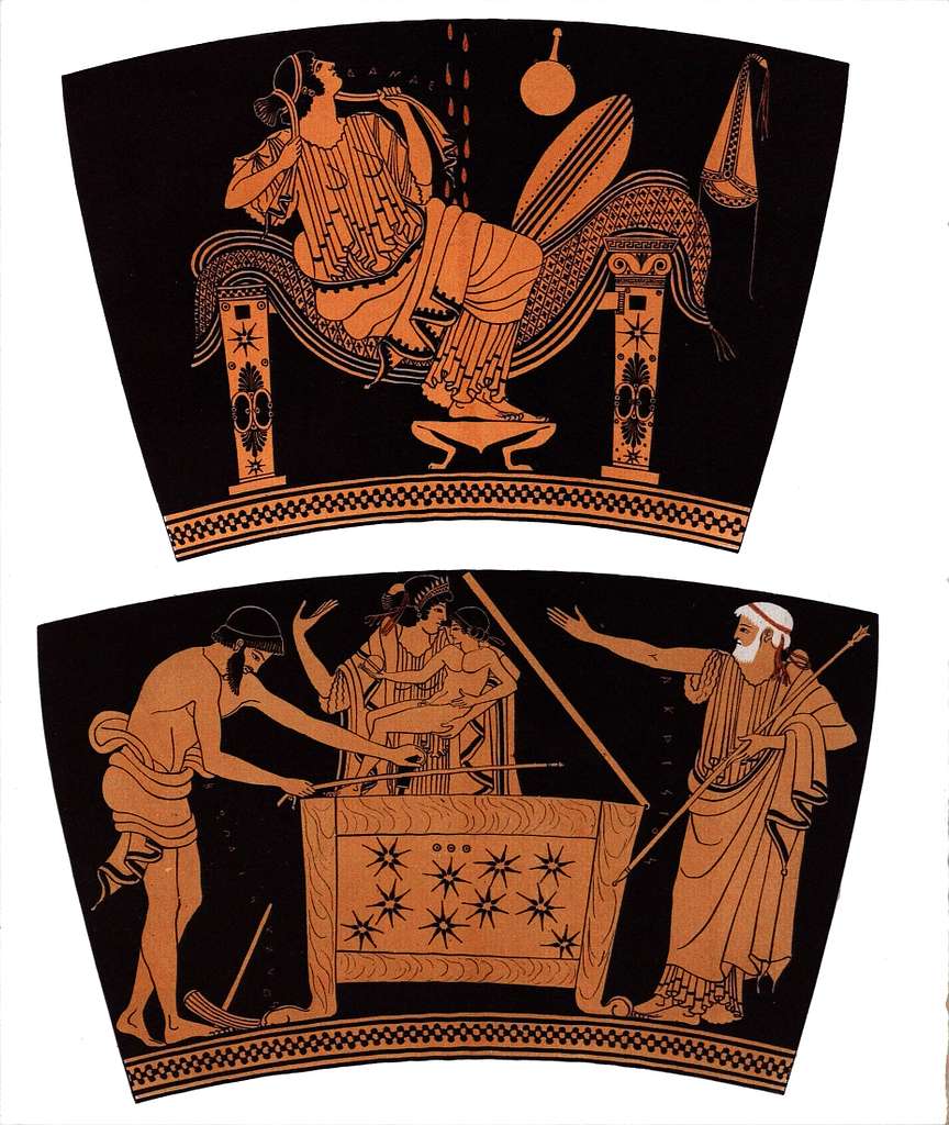 <p>Triptolemos Painter: Attic red-figure calyx-krater - Danae and the golden shower/Danae and Perseus in the chest, Greek, c. 490-480 BCE</p>