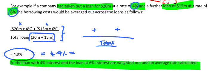 <p><strong>What rate do we use to calculate the borrowing costs that will be capitalised?</strong></p><ul><li><p>If it’s a specific loan relating directly to that particular asset - capitalise actual finance costs incurred</p></li><li><p>Variety of loans for various projects - weighted average</p></li></ul><p></p><p><strong>When do we stop capitalising borrowing costs?</strong></p><ul><li><p>Construction of the asset has suspended temporarily (once construction resumes the interest would again be capitalised)</p></li><li><p>Construction of the asset is completed and ready for its use or sale</p></li></ul><p></p>