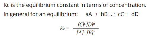 <ul><li><p>Solids are never included</p></li><li><p>Not affected by pressure or concentration, only temperature</p></li><li><p>Use square brackets around formulae (represents conc in moldm^-3)</p></li><li><p>Units vary. Must state units. Can have not units</p></li><li><p>Greater value; the further the positions of equilibrium lies to the right</p></li><li><p>Smaller value; the further the positional of equilibrium lies to the left</p></li></ul><p></p>