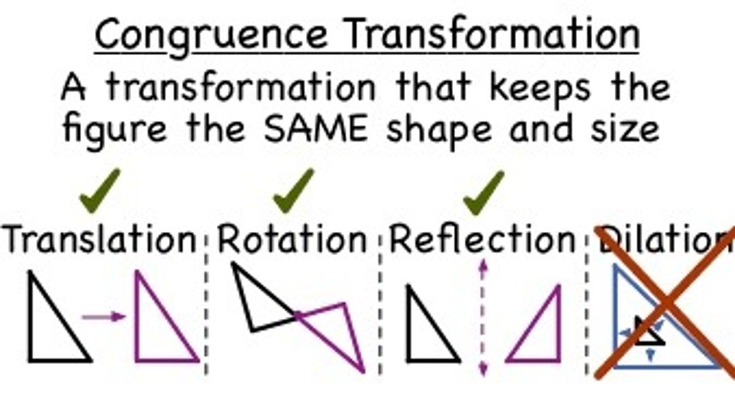 <p>a geometric movement that preserves the size, shape, and angles of an object, resulting in a congruent image.</p>