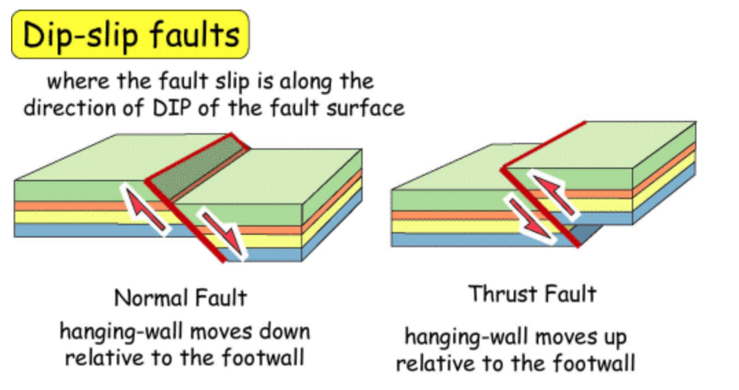 movement parallels the dip line, a line going down the slope of the fault surface
-normal and reverse fault