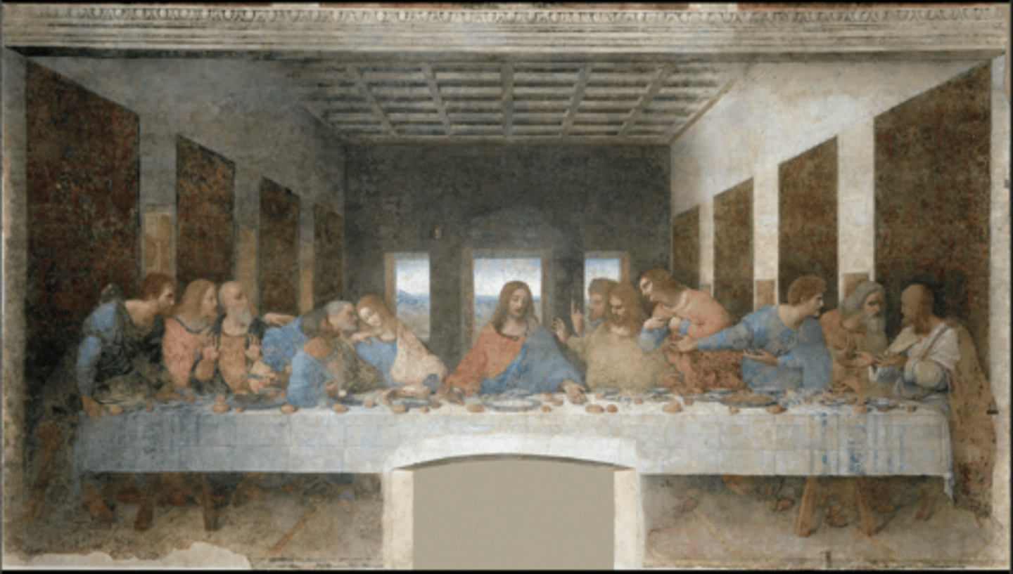 <p>Artist: Leonardo Da Vinci</p><p>Title: The Last Supper</p><p>Date: c. 1495</p><p>Medium: fresco and tempera</p><p>Location: Convent of Santa Maria delle Grazie, Milan </p><p>Size: 460 cm × 880 cm </p>