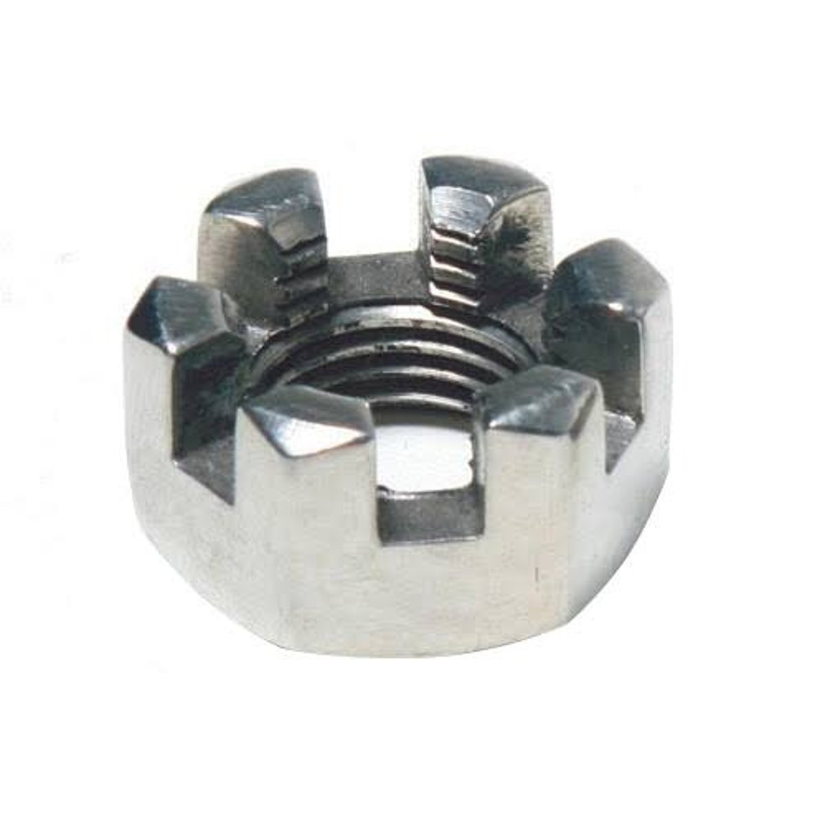 <p>A nut having radial slits on its outer face to allow a locking pin or wire to be inserted in both the nut and hole in its bolt.</p><p>Also called CASTLE NUT</p>