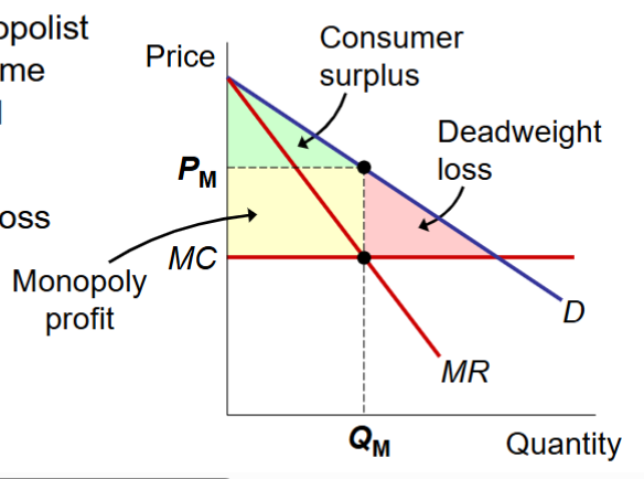 <p>Where the monopolist charges the same price (PM) to all buyers</p><ul><li><p>Causes a deadweight loss</p></li></ul><p></p>