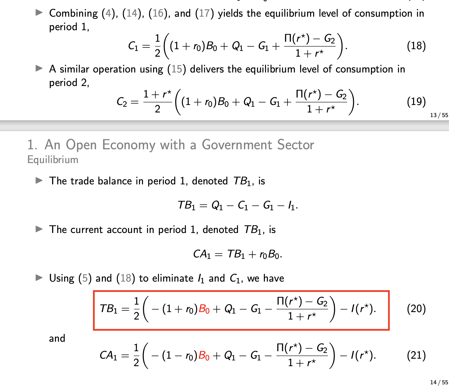 <p>Assume dG<sub>1</sub> = dG<sub>2</sub> = dG &gt; 0</p><p>Noting CA = TB+NII = Q-C-I-G+NII, </p><p>Replace in the original optimality condition for c<sub>1</sub><sup>*</sup></p><p>(Attached image)</p><p></p><p>Taking the derivative of CA wrt G yields -r/2(1+r) *deltaG</p><p></p><p>Provided r is small, <strong>CA does not change by much. </strong></p>
