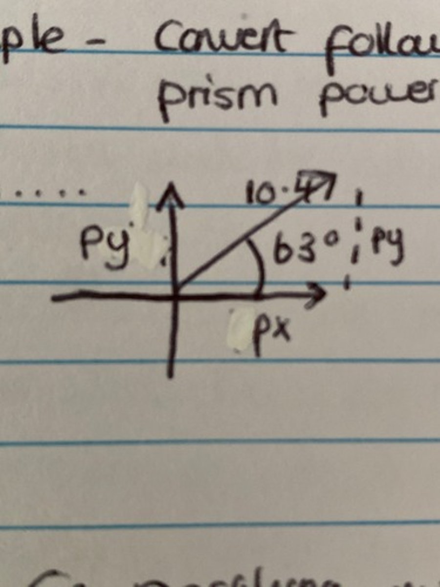 <p>1. draw cross diagram w/ degrees<br>2. mark N, T, LE/RE<br>3. mark PV and PH<br>4. find prism amount by doing pythag<br>5. find prism angle by using SohCahToa<br>6. check on diagram which quadrant angle lies on, then adjust by +/- 180° (CAST diagram)<br>7. angle starts from 0=360°</p>