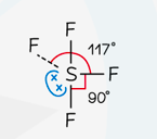 <p>molecular geometry: see saw</p><p>domain geometry: trigonal bipyramid</p><p>bonding angles: 90° and 117°</p>