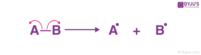 the bond breaks evenly 

\
each bonding atoms receive one electron from the bonded pair 

\
2 electrically charged radicals formed (with an unpaired electron)

\
= both v. reactive 