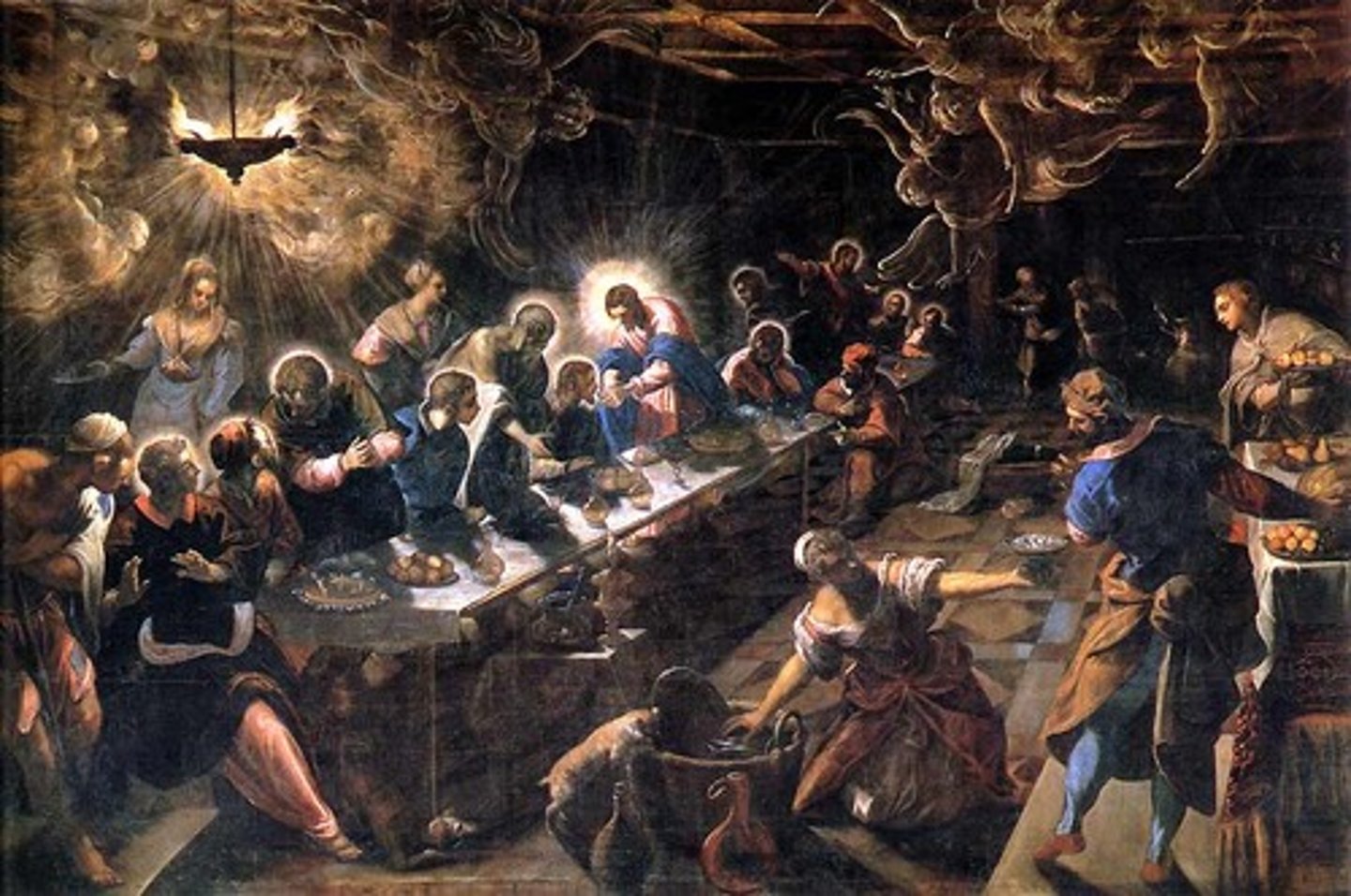 <p>Leonardo's is more calm and stable while Tintoretto's is dramatic and diagonal. Tintoretto's is more focused on the implementation of the Eucharist and is found in an altar. Leonardo's is found in a cafeteria and is focused on the moment when Christ says one of the 12 is going to betray him. Tintoretto includes more people who would have cooked and served the food.</p>