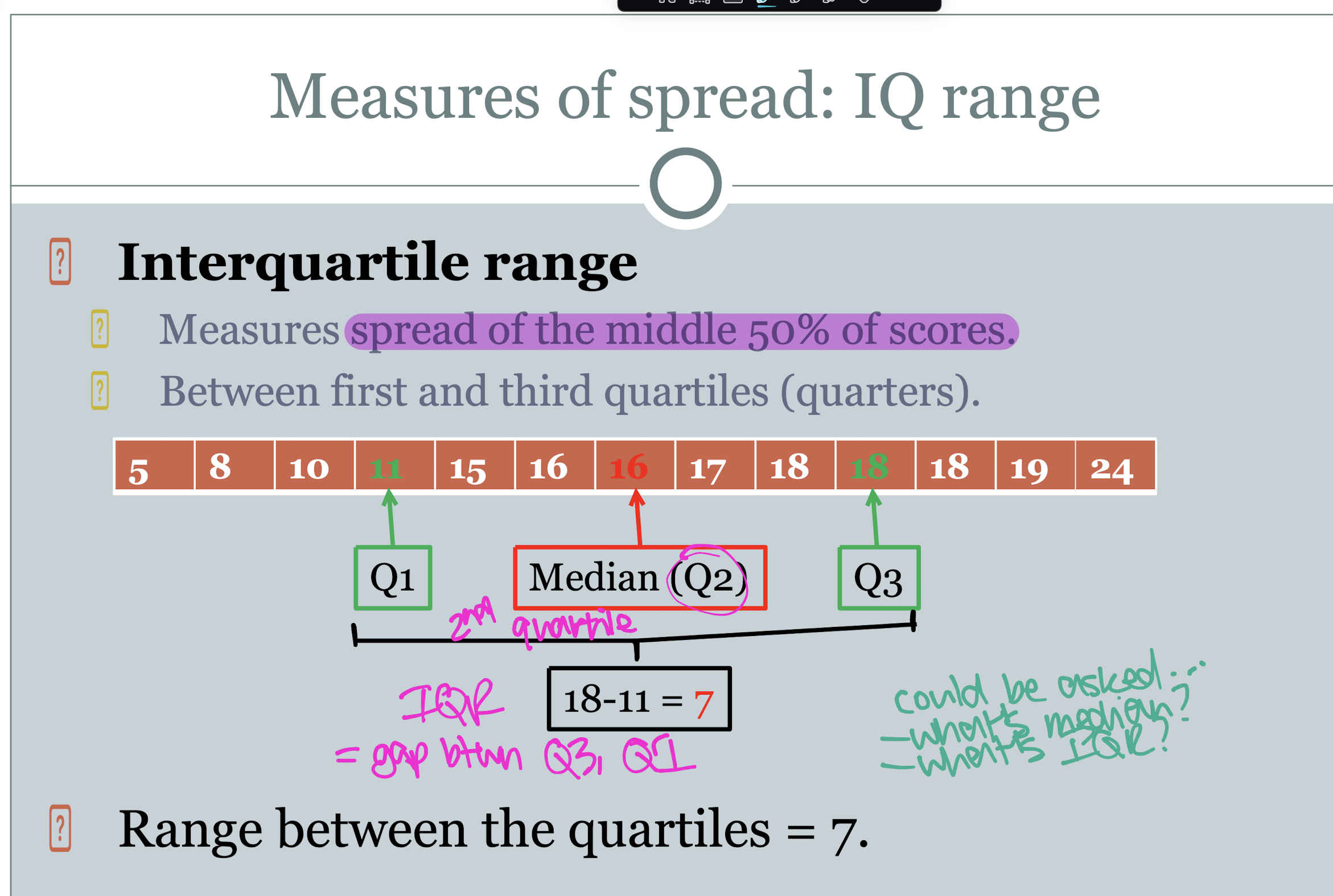 <p>measures the spread of the middle 50% of scores, between the first and third quartiles.</p>