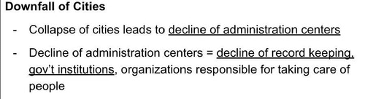 <p>The decline of administration centers resulted in a decline of record keeping and governmental institutions.</p>