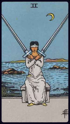 <p>TWO OF SWORDS</p>