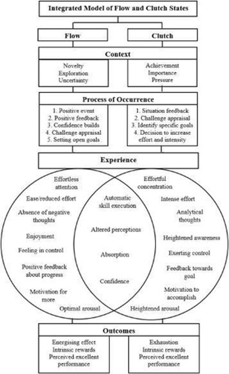 <p>Flow is a relaxed state of optimal performance, while clutch states involve heightened urgency and focus on specific outcomes.</p>