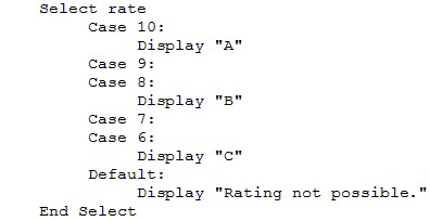<p><span style="font-family: Lato Extended, Lato, Helvetica Neue, Helvetica, Arial, sans-serif">If the following pseudocode was coded and run, what would display, given that </span><span style="font-family: Courier New">rate = 9</span><span style="font-family: Lato Extended, Lato, Helvetica Neue, Helvetica, Arial, sans-serif">?</span></p><p><span style="font-family: Lato Extended, Lato, Helvetica Neue, Helvetica, Arial, sans-serif">A</span></p><p><span style="font-family: Lato Extended, Lato, Helvetica Neue, Helvetica, Arial, sans-serif">B</span></p><p><span style="font-family: Lato Extended, Lato, Helvetica Neue, Helvetica, Arial, sans-serif">C</span></p><p><span style="font-family: Lato Extended, Lato, Helvetica Neue, Helvetica, Arial, sans-serif">Rating not possible</span></p>
