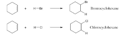 <p><span>Reaction of cyclohexene with HCl or HBr is an electrophilic addition reaction in which halogen acid adds to a double bond to produce a haloalkane.</span></p>