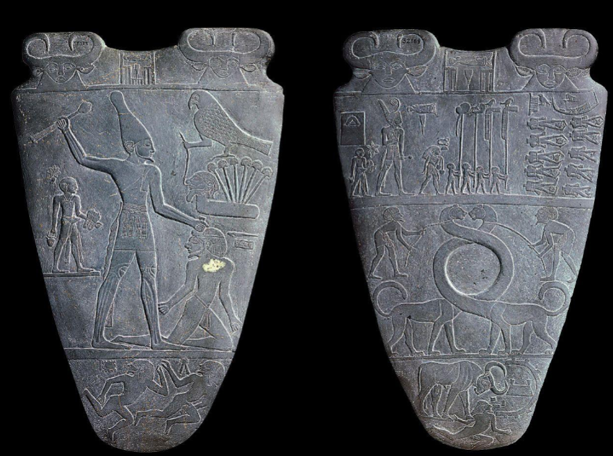 <p>the tablet celebrates the victory of Upper Egypt, led by King Narmer, over Lower Egypt, in a battle that united the country</p>