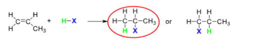 <ul><li><p>reaction with HCl or HBr</p></li><li><p>no catalyst needed</p></li><li><p>H adds to C atom with larger number of Hs</p></li></ul>