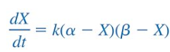 <p>“disintegration of a radioactive substance”</p><p>X(t) = amount of C at time t</p><p>α = amount of A</p><p>β = amount of B</p><p>α - X = amount of A not converted to C<br>β - X = amount of B not converted to C</p>