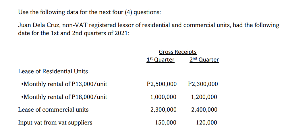 <p>How much is the business tax due for the 2nd quarter of Mr. Dela Cruz? </p><p>a. P432,000 </p><p>b. P312,000 </p><p>c. P708,000 </p><p>d. P108,000</p>