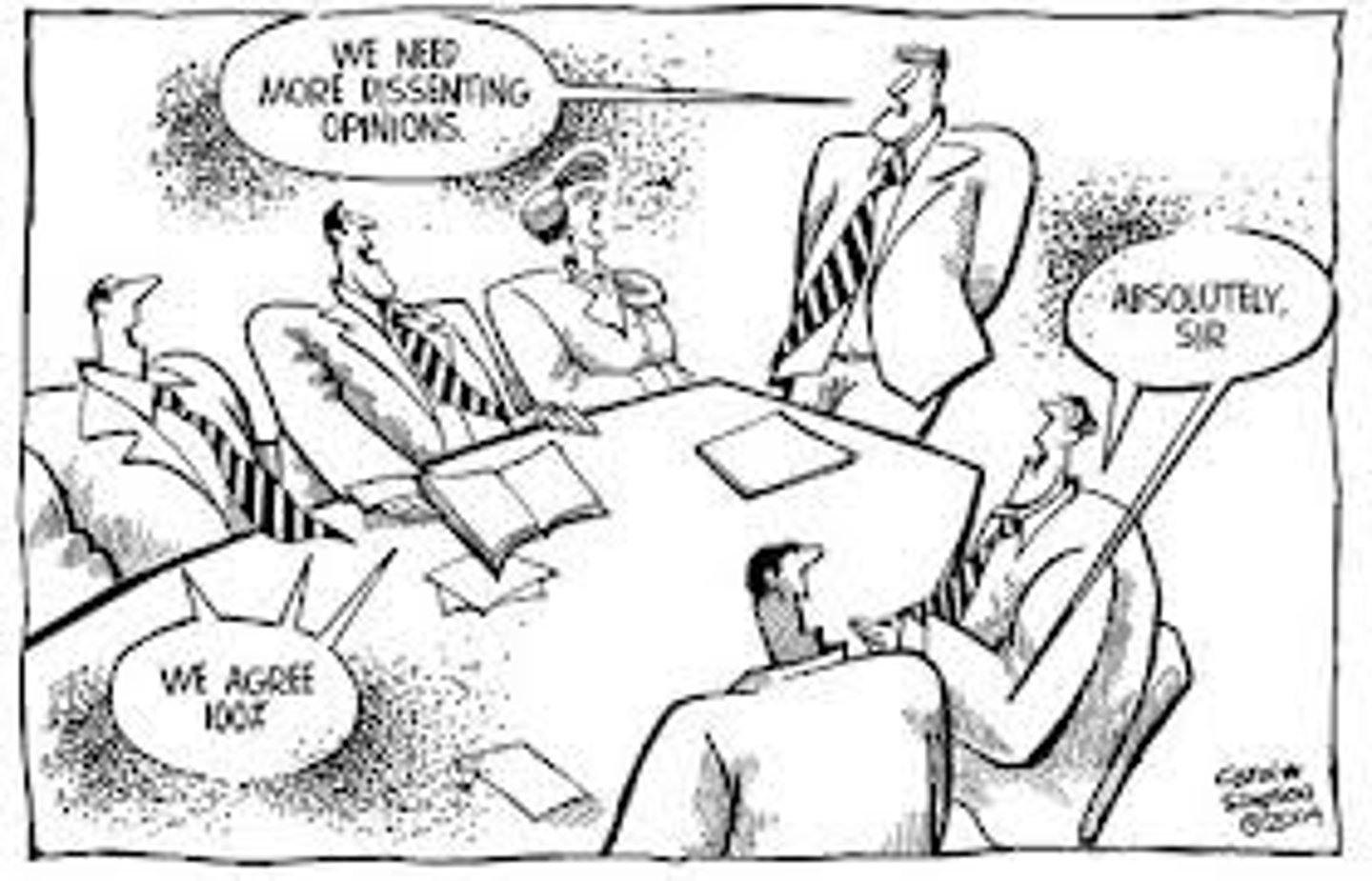 <p>The practice of thinking or making decisions as a group, often resulting in unchallenged, poor-quality outcomes; for example, a team agreeing on a project idea without critical evaluation to maintain harmony.</p>