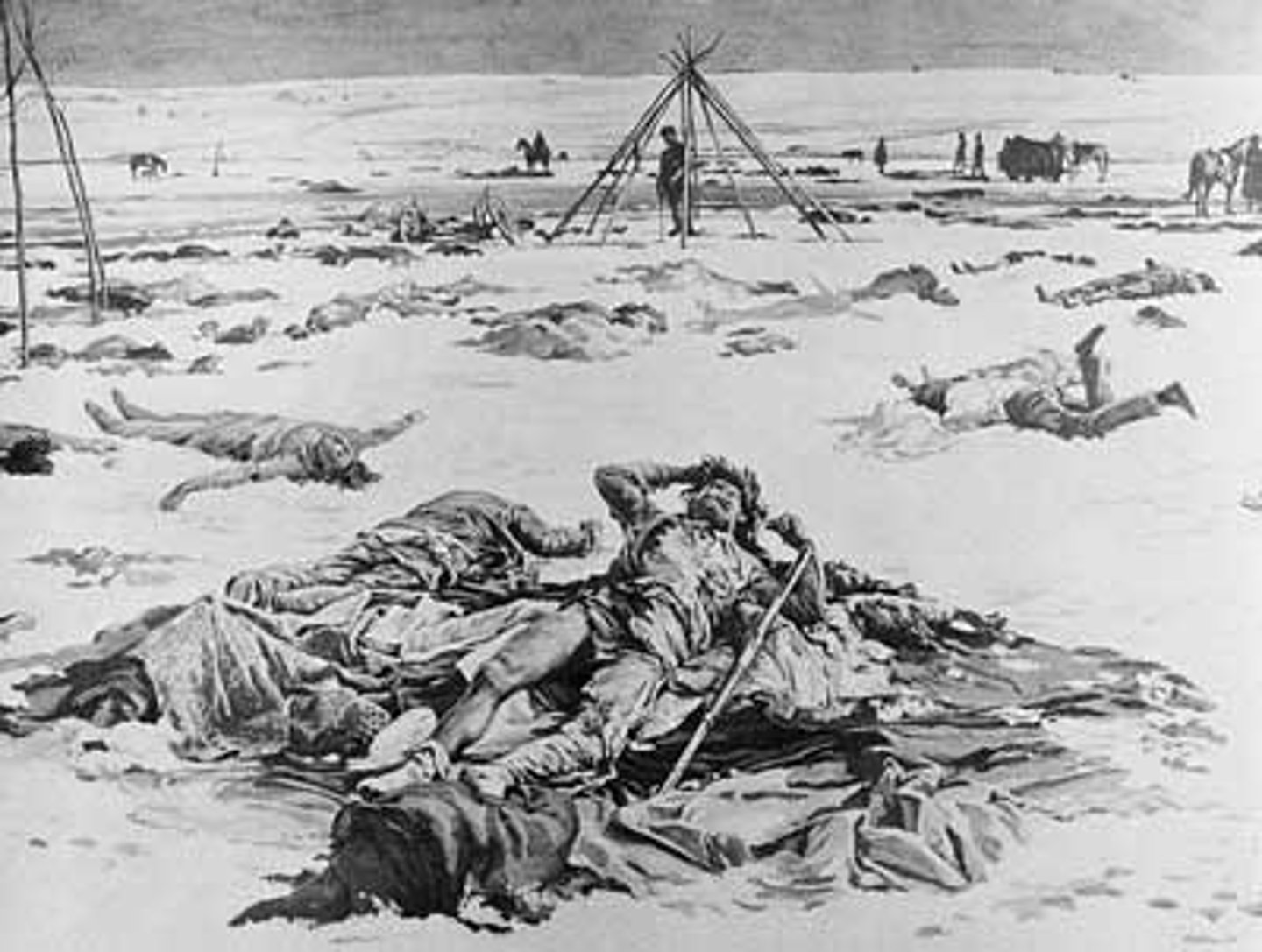<p>- The US Army arrived at a creek called Wounded Knee and demanded that the Sioux surrender their weapons</p><p>- A deaf Native American did not understand what was happening and when a soldier tried to take his gun away, a struggle began</p><p>- The gun went off and the soldiers opened fire, killing hundreds of Native Americans in the massacre</p>