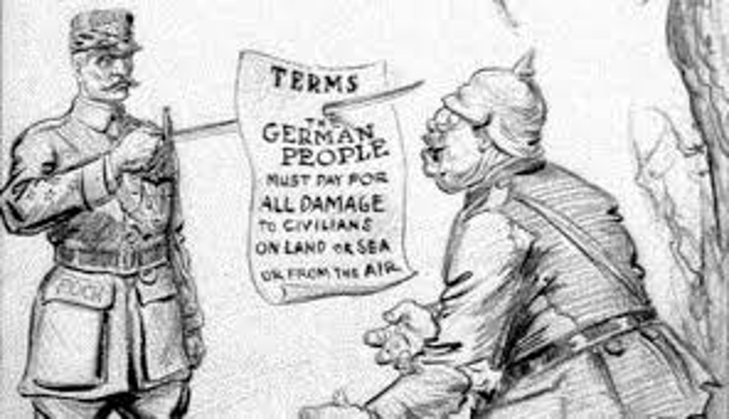 <p>As part of the Treaty of Versailles, Germany was ordered to pay fines to the Allies to repay the costs of the war. Opposed by the U.S., it quickly lead to a severe depression in Germany.</p>