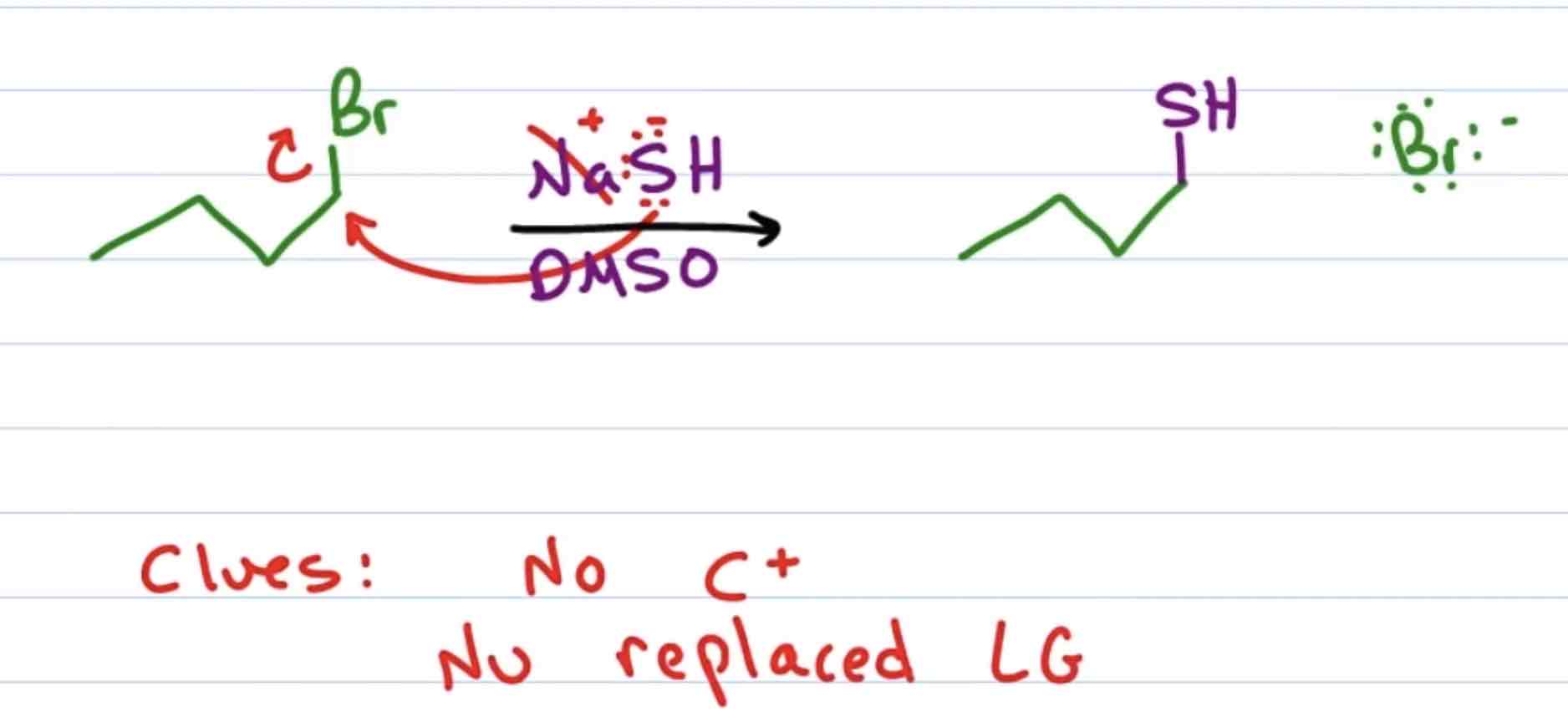 <ul><li><p>Strong nucleophiles</p></li><li><p>Bimolecular nucleophilic substitution where 2 molecules are reacting at the same time </p></li><li><p>No carbocation intermediate</p></li><li><p>Nucleophile directly replaces the leaving group</p></li></ul>