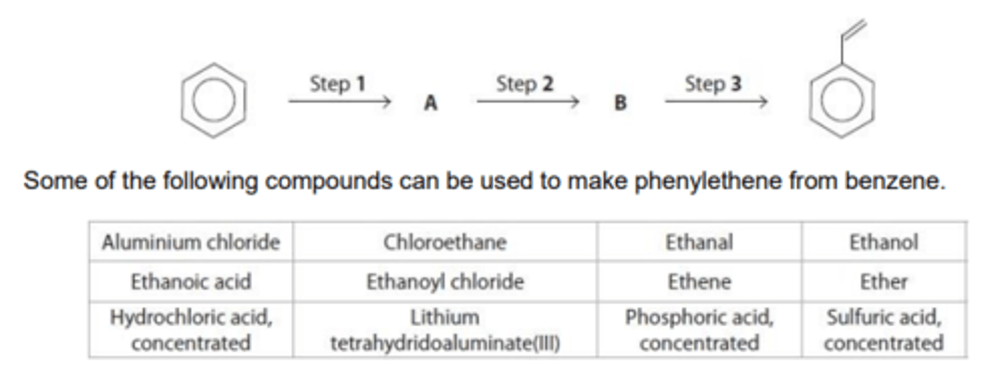 <p>step 1: acylation of benzene using ethanoyl chloride + aluminium chloride (catalyst) + heat</p><p>A is a phenylethanone</p><p>step 2: reduction of A with LiAlH₄ + dry ether</p><p>B is phenylethanol</p><p>step 3: dehydration of B with conc. phosphoric acid</p>