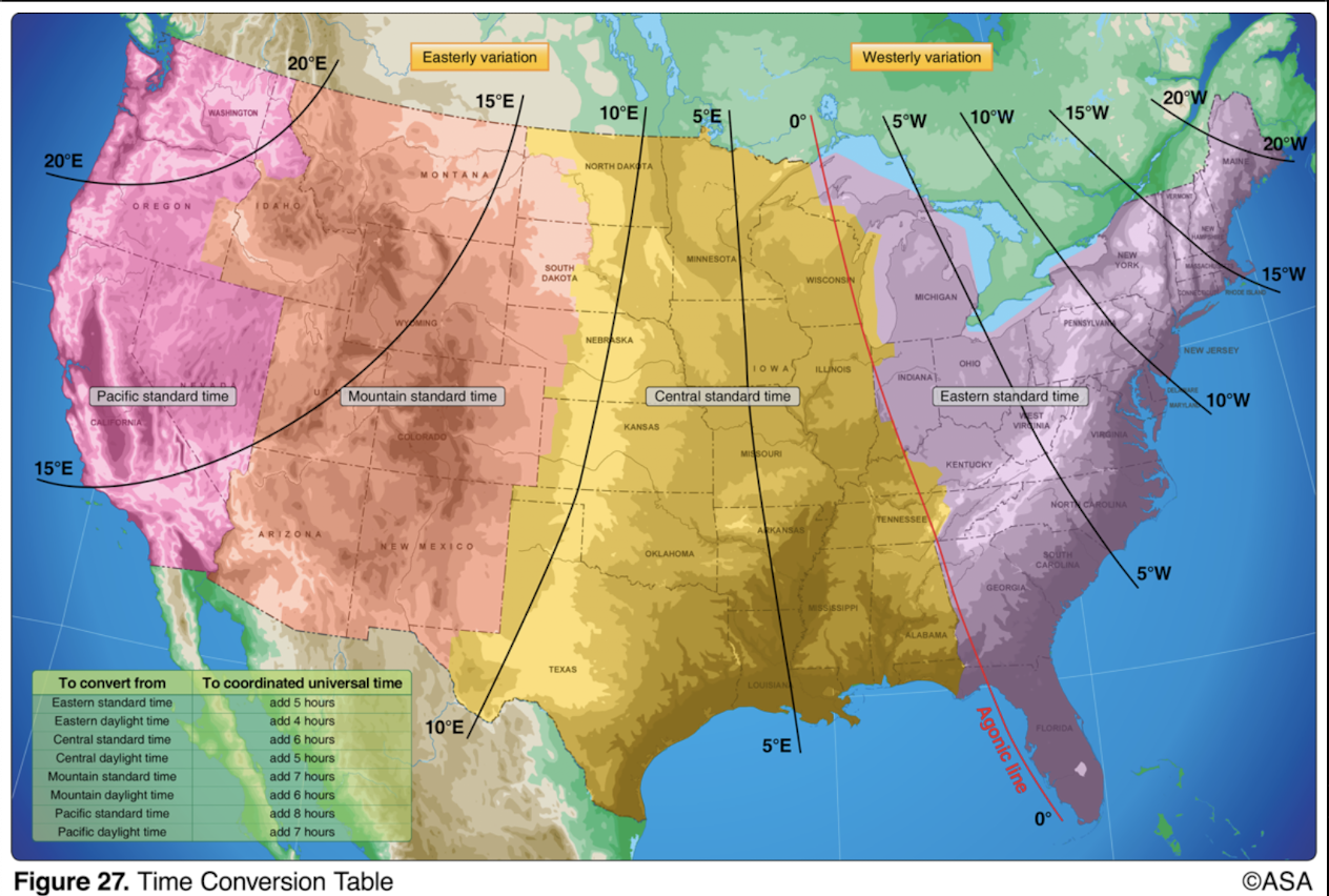 <p>(Refer to Figure 27.) An aircraft departs an airport in the mountain standard time zone at 1515 MST for a 2-hour 30-minute flight to an airport located in the Pacific standard time zone. What is the estimated time of arrival at the destination airport?</p>