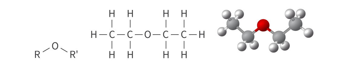 <ul><li><p>alkoxy functional group</p></li><li><p>oxygen atom bonded to 2 alkyl groups</p></li></ul><p>Bond: R–O–R’</p>