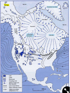 <ul><li><p>there were 3 ice sheets at the time</p><ul><li><p>either sailed down the coast or came across from Beringia and walked down between the mountains and the ice sheets (more likely)</p></li></ul></li></ul>