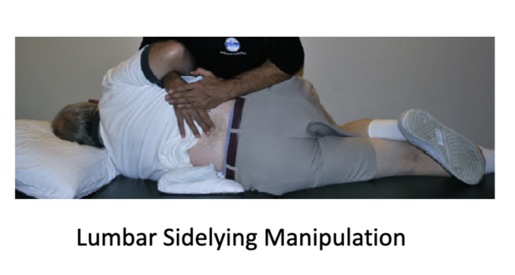 <p>Describe how to perform a lumbar sidelying manipulation</p>