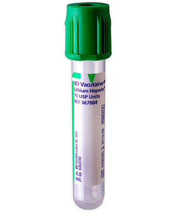 <p>dark green top lithium heparin vacutainer or blood tube</p><p></p><p><mark data-color="red" style="background-color: red; color: inherit;">Venous blood is not placed on ice slurry.</mark></p>