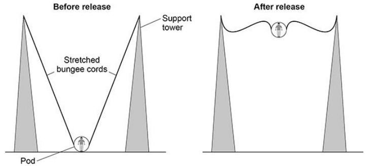 <p>In a ride at a theme park, a person is strapped into a pod that is attached to two stretched bungee cords. </p><p>The bungee cords behave like springs. </p><p>The figure shows a person using the ride.</p><p>Which energy store increases as the bungee cords are stretched?</p>
