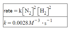 <p>Based on the image you provided, we can determine the rate law by observing how the rate changes with the concentration of each reactant.</p><p>From experiments 1 and 2, [H2] changes while [N2] is constant:</p><p><span>\frac{0.356}{0.0334} = \left( \frac{5.09}{1.56} \right)^n</span></p><p>This gives us ( n = 2).</p><p>From experiments 1 and 3, [N2] changes while [H2] is constant:</p><p><span>\frac{0.213}{0.0334} = \left( \frac{5.63}{2.23} \right)^m</span></p><p>This gives us ( m = 1).</p><p>So, the rate law is:</p><p><span>Rate = k[N_2][H_2]^2</span></p><p>Using experiment 1 to find k,</p><p><span>k = \frac{Rate}{[N_2][H_2]^2}</span></p><p><span>k = \frac{0.0334 M/s}{(5.63 M)(5.09 M)^2}</span></p><p><span>k ≈ 0.0019 M^{-3}s^{-1}</span></p><p>So,</p><ul><li><p>The rate law for this reaction is (Rate = k[N_2][H_2]^2).</p></li><li><p>The value of the rate constant (k) is approximately (0.0019 M<sup>{-3}s</sup>{-1}).</p></li></ul>