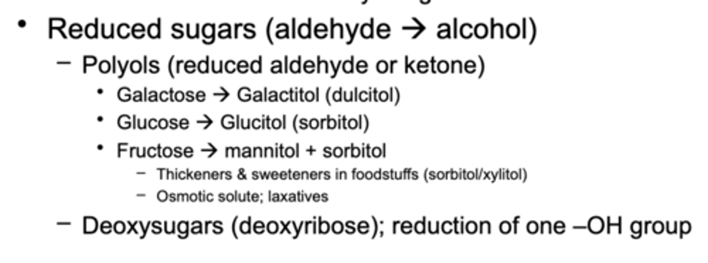 <p>aldehydes and reducing back to alcohol is by aldose reductase enzyme that takes aldehyde sugars and makes alcohol</p>