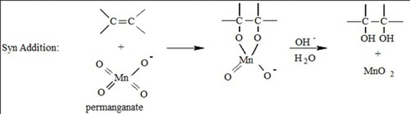 <p>-Reagents: KMnO4/-OH (lower yield) or OsO4/pyridine (higher yield, but dangerous and expensive) or catalytic OsO4 with NaHSO3</p><p>-Cyclic transition state and intermediate</p><p>-Syn addition of -OH groups</p>
