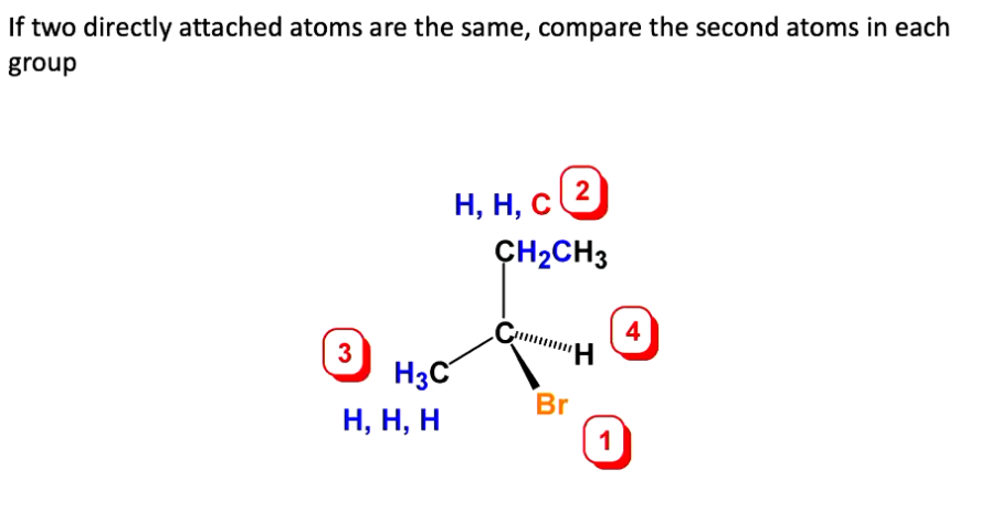 <p>A stereogenic centre is described as being either R (clockwise) or S configuration M(anti).</p><p><br>1) Rank the four substituents. Prioritise substituents in decreasing order of the atomic number of the atom directly attached to it.</p><p></p><p>2) If two directly attached atoms are the same, compare the second atoms in each group. HHC has higher priority, due to C.</p><p></p><p>3) Treat multiple bonds as the equivalent number of single bonds. i.e. if there is a double bond of C, you count C twice. <a target="_blank" rel="noopener noreferrer nofollow" class="link" href="https://imgur.com/a/OPyO8tJ" data-prevent-progress="true">https://imgur.com/a/OPyO8tJ</a></p><p></p><p>4) Make 4th priority go into the page. <a target="_blank" rel="noopener noreferrer nofollow" class="link" href="https://imgur.com/a/7RTHHYQ" data-prevent-progress="true">https://imgur.com/a/7RTHHYQ</a></p>