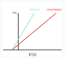 <p><u>The graph shows a special type of mixed inhibition where the inhibitor binds both E and ES with equal affinity. How does the presence of this inhibitor change the EFFECTIVENESS of both Vmax and Km? </u></p><p>A. decreases Km; decreases Vmax</p><p>B. no change to Km; decreases Vmax</p><p>C. increases Km; decreases Vmax</p><p>D. no change to Km; increases Vmax</p><p>E. increases Km; no change to Vmax</p>