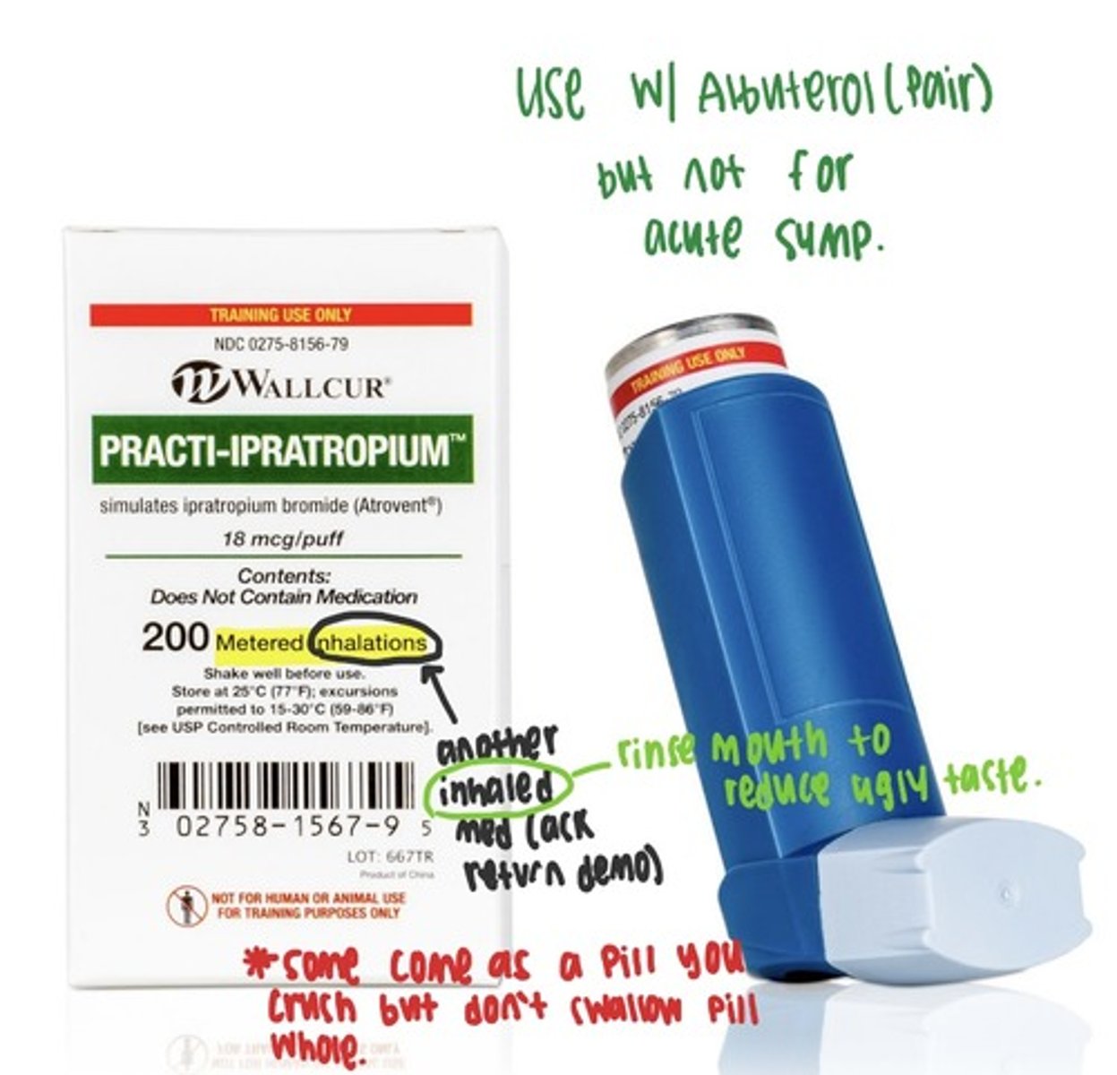 <p>Indications: </p><p>Decrease secretion in COPD clients, relief broncho-constriction in COPB clients </p><p>Adverse Reactions: </p><p>ALL THOSE ANTI-CHOLINERGIC EFFECTS </p><p>Can't see (intraocular pressure), pee (urinary retention), spit (dry mouth, pharynx irritation) or sh*t</p><p>Intervention: </p><p>If they have dry mouth give water and candy, get tested for glaucoma, monitor urine </p><p>Contradictions: sensitivity to ipratropium, atropine, belladonna alkaloids or bromide </p>
