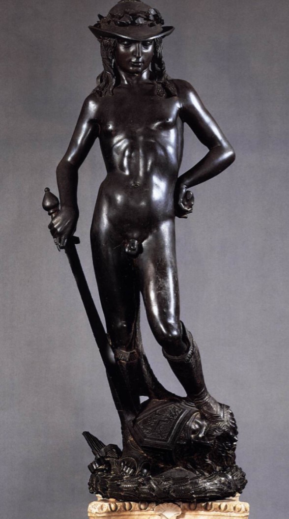 <p>david, bronze, Donatello, 1440-1460, Museo Nazionale del Bargello, Florence, Italy</p>