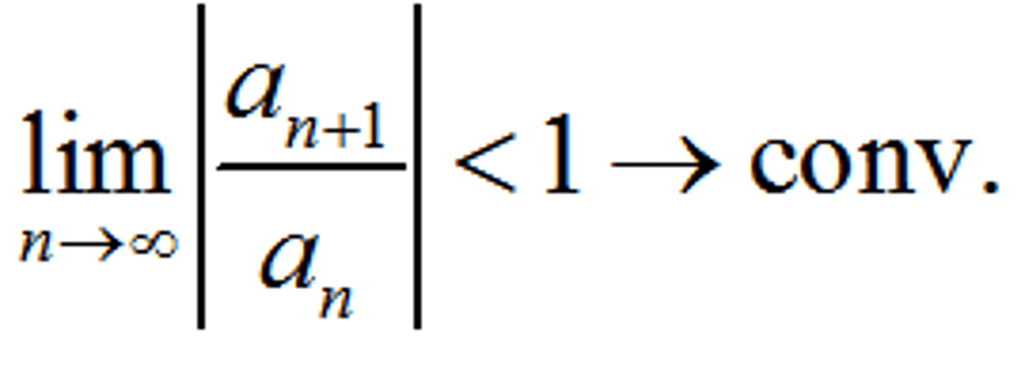 <p>if ϱ = lim u_(r+1) / u_r as r → ∞</p><p>Σ u_r converges if ϱ < 1 and diverges for ϱ>1</p>