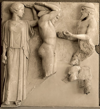 475-450BC, Temple of Zeus, Olympia

Storyline: 
Heracles made his way to the garden of the Hesperides, where he encountered Atlas holding up the heavens on his shoulders. Heracles persuaded Atlas to get the three golden Apples for him by offering to hold up the heavens in his place for a little while. Atlas could get the apples because, in this version, he was the father or otherwise related to the Hesperides. This would have made the labour - like the Hydra and the Augean stables - void because Heracles had received help. When Atlas returned, he decided that he did not want to take the heavens back, and instead offered to deliver the apples himself, but Heracles tricked him by agreeing to remain in place of Atlas on the condition that Atlas relieve him temporarily while Heracles adjusted his cloak. Atlas agreed, but Heracles reneged and walked away with the apples. According to an alternative version, Heracles slew Ladon, the dragon who guarded the apples instead. Eurystheus was furious that Heracles had accomplished something that Eurystheus thought could not possibly be done. 
 
How do we know it's classical? 
* Realistic drapery on Athena, smooth where the leg is bent (protrudes), uninterrupted folds on leg supporting weight 
 
Is it successful as a depiction of Herakles? 
* As it is one of his final labours, he is shown to be quite mature (beard) 
* The storyline is highly recognisable, and despite how static the three figures appear, the use of motifs and space make it better 
* However, especially from a distance the apples are very small and unnoticeable, making the plot less obvious 
 
Notes: 
* Herakles is in profile, Athena is fully frontal, and Atlas has a ¾ view : variety of positions 
* Contrast is again achieved: Herakles is still, holding up the sky, and Atlas is moving, representing freedom 
* 3 strong verticals dominate, but it is enlivened by horizontal lines of Atlas' outstretched arm 
* The frame of the metope is used to help convey the narrative, the top of the metope depicts the sky 
* The differences between gods and mortals are shown through Herakles being a head shorter, but despite his comparative shortness he appears to be roughly the same size thanks to the inclusion of a cushion he is using to help hold up the sky 
* Atlas, as a titan, represents the forces of barbarity, so Herakles defeating him shows the triumph of civilisation over that 
* Athena's arm is raised to catch the sky if Hercules drops it. This shows divine support for the forces of civilisation in the battle between civilisation and barbarity. Her lack of helmet, aegis, shield (though spear held vertically against edge of metope) emphasises her care and support rather than militaristic image.