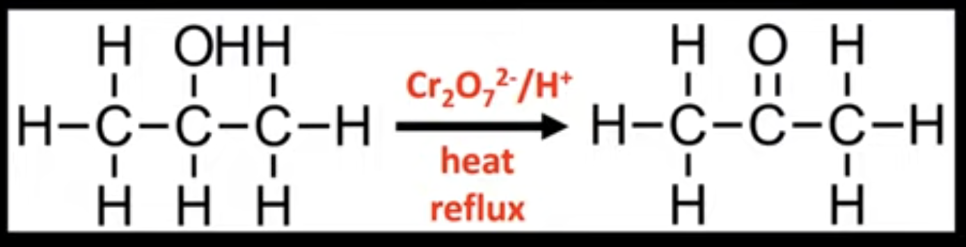 <p>Forms ketones. </p><p>Conditions: heat under reflux. </p><p>Uses acidified potassium dichromate.</p>