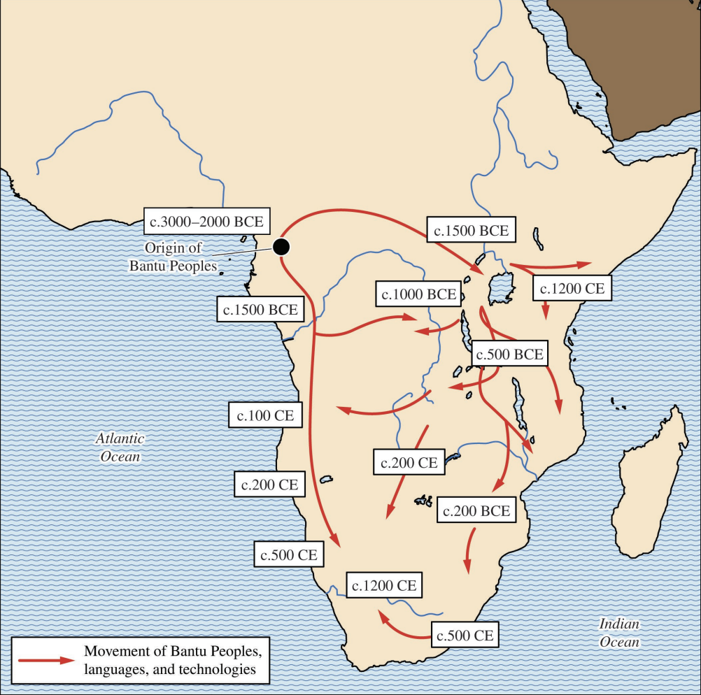 <p>- Technological and agricultural innovations led to population growth of West and Central African peoples</p><p>- Led to migrations throughout Africa called the <strong>Bantu expansion (1500 BCE - 500 CE)</strong></p><p>- Bantu peoples developed new technologies (i.e., ironworking &amp; agriculture)</p><p>- <span>Bantu-speaking peoples’ linguistic influences spread throughout Africa</span></p>