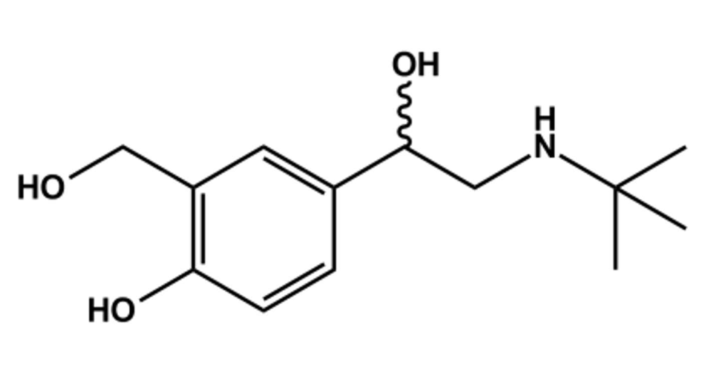 <p>- LogP = 1.0; pKa = 10</p><p>- Close analog of isoproterenol</p><p>- No Catechol, No COMT action, greater stability</p><p>- Confers 50x β2 -selectivity</p><p>- Although marketed as racemate, activity is only in R-(-)-isomer</p><p>- Use: short term relief of bronchoconstriction (rescue inhaler)</p>